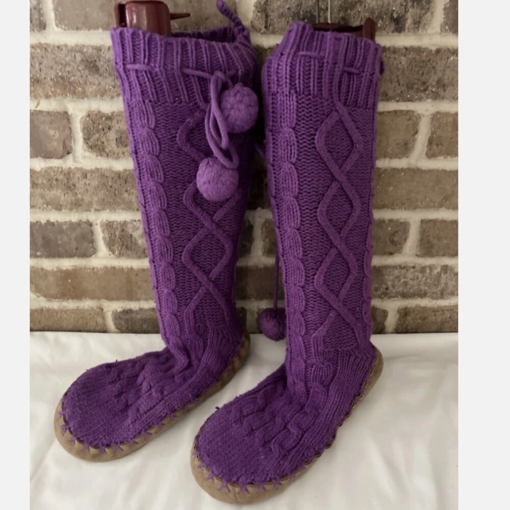 PINK Victorias Secret Y2K Purple Cable Knit Sweater Booties Slippers Poms Size L
